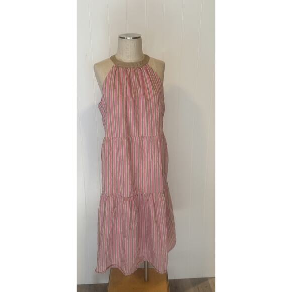Zesica Dresses & Skirts - Zesica Dress Womens Large Pink Tan Striped Tiered Sleeveless Summer Pockets